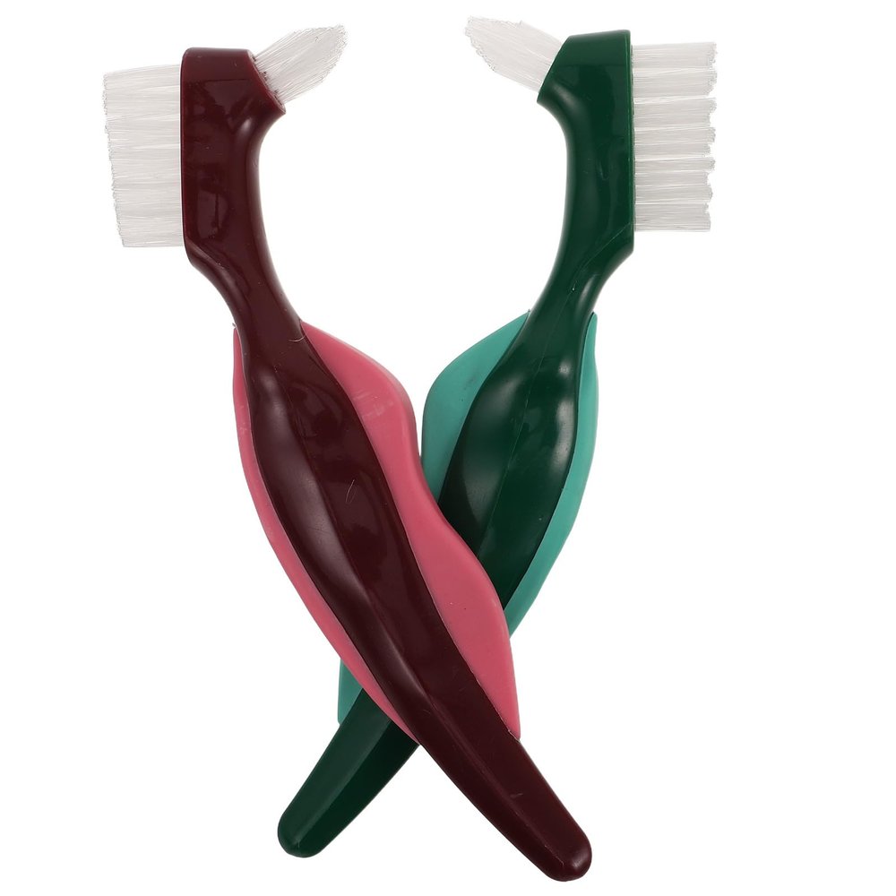 HOODANCOS Dual-Head Hard Bristle Dentures Brush Set 2pcs False Teeth Cleaner Toothbrush for Oral Care and Denture Maintenance Red and Green