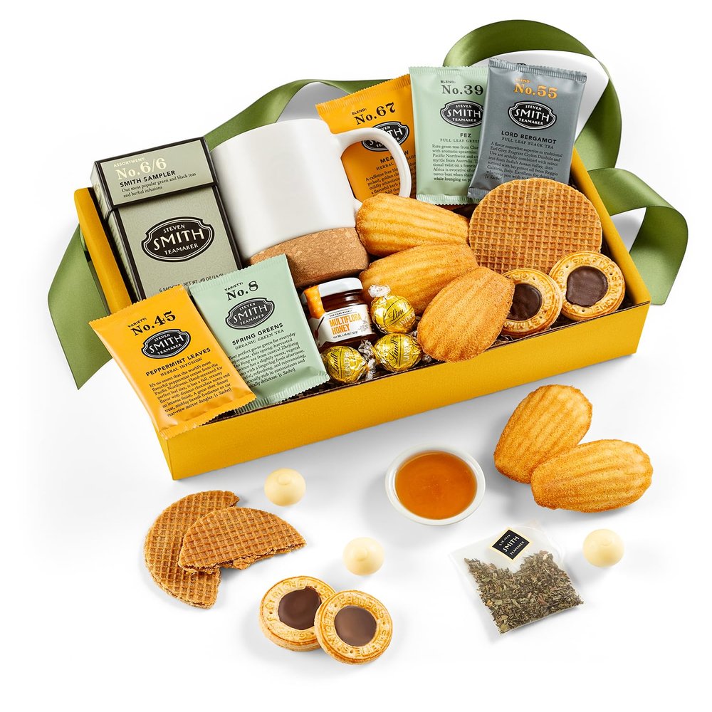 Artisan Tea Gift Basket | GiftTree | With Ceramic Mug, Steven Smith Tea Sampler, Gourmet Cookies & Chocolates Premium Tea Lover Gift Box for Birthdays, Thank You & Corporate Gifts