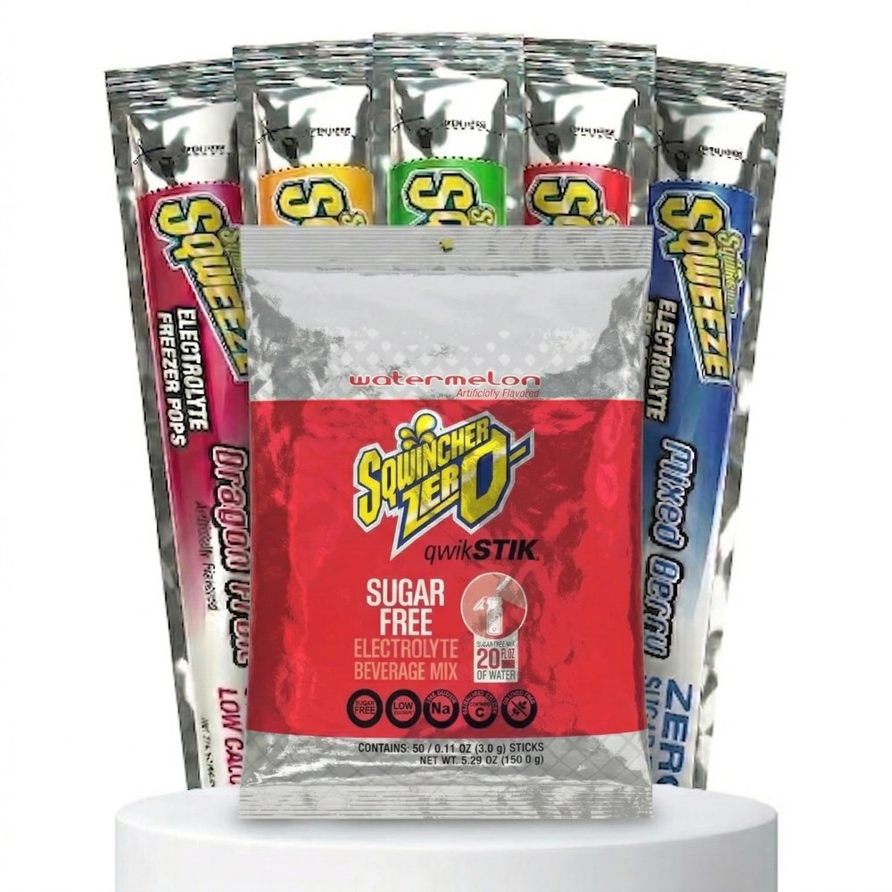 Aabaco Sqwincher Bundle: (50) Watermelon Zero Qwik Stiks (20oz Yield) & (50) Sqweeze Sugar Free Electrolyte Freezer Pops 5-Flavor Variety Pack Industrial Strength Hydration & Heat Stress Relief