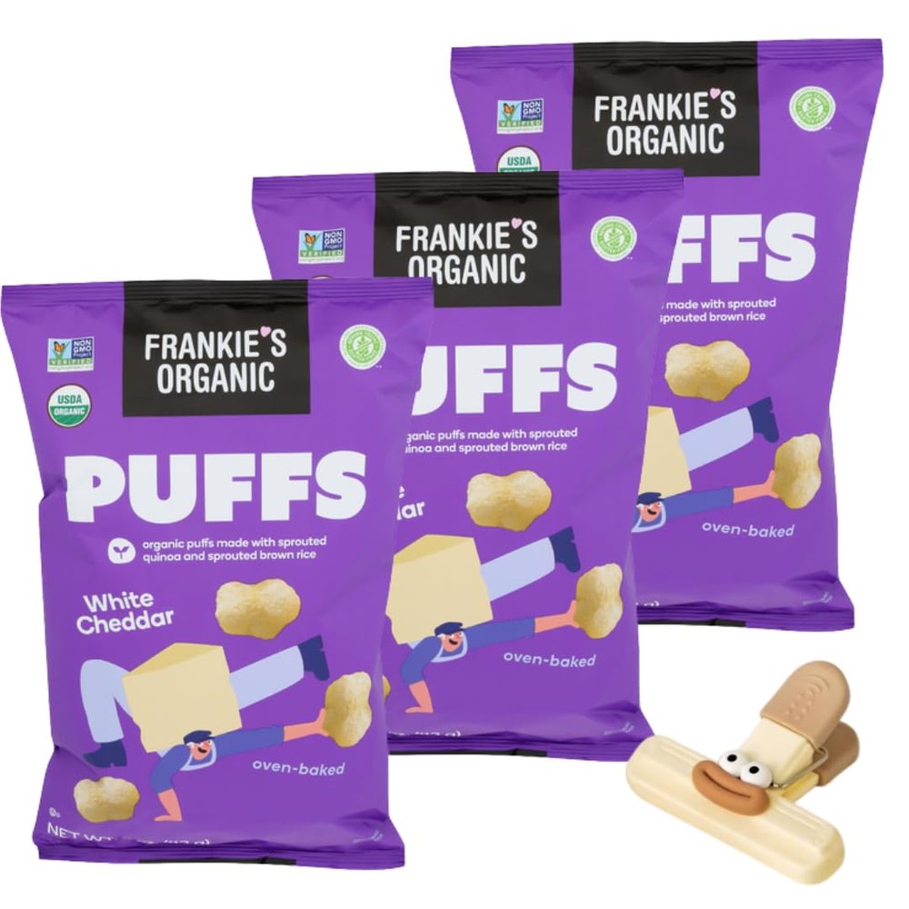 Frankies Snacks Puffs White Cheddr 4 oz Vegan Snacks Cheese Puffs Chickpea Snacks Plant Based Dairy Free Snacks Kosher Protein Pop Style Crunch with bag clips-3pack