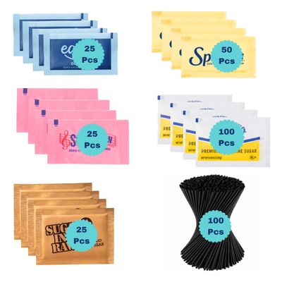 Assorted Sugar Packets for Coffee Station Gift Set, 325 Piece Individual Sugr and Sweetener Assortment Packets, Zero-Calorie and Cane Sugar Office Gifts with Individually Wrapped Coffee Stirrers (Assorted Sugar Packets Set, 325)