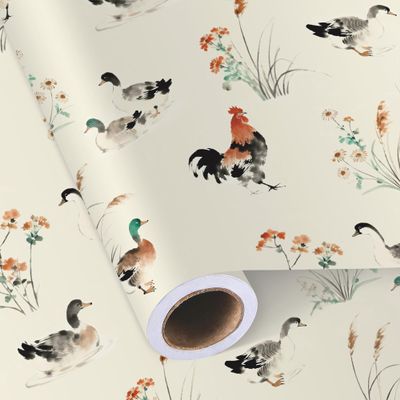 Sikiweiter Ink Painting Farm Animal Wrapping Paper Roll, 17 Inch x 16.5 Feet, Watercolor Duck and Rooster Gift Wrap with Floral Grass Design, Rustic Farmhouse Wrapping Paper for Birthday, Baby Shower, Spring Gifts(Chickens and Ducks)