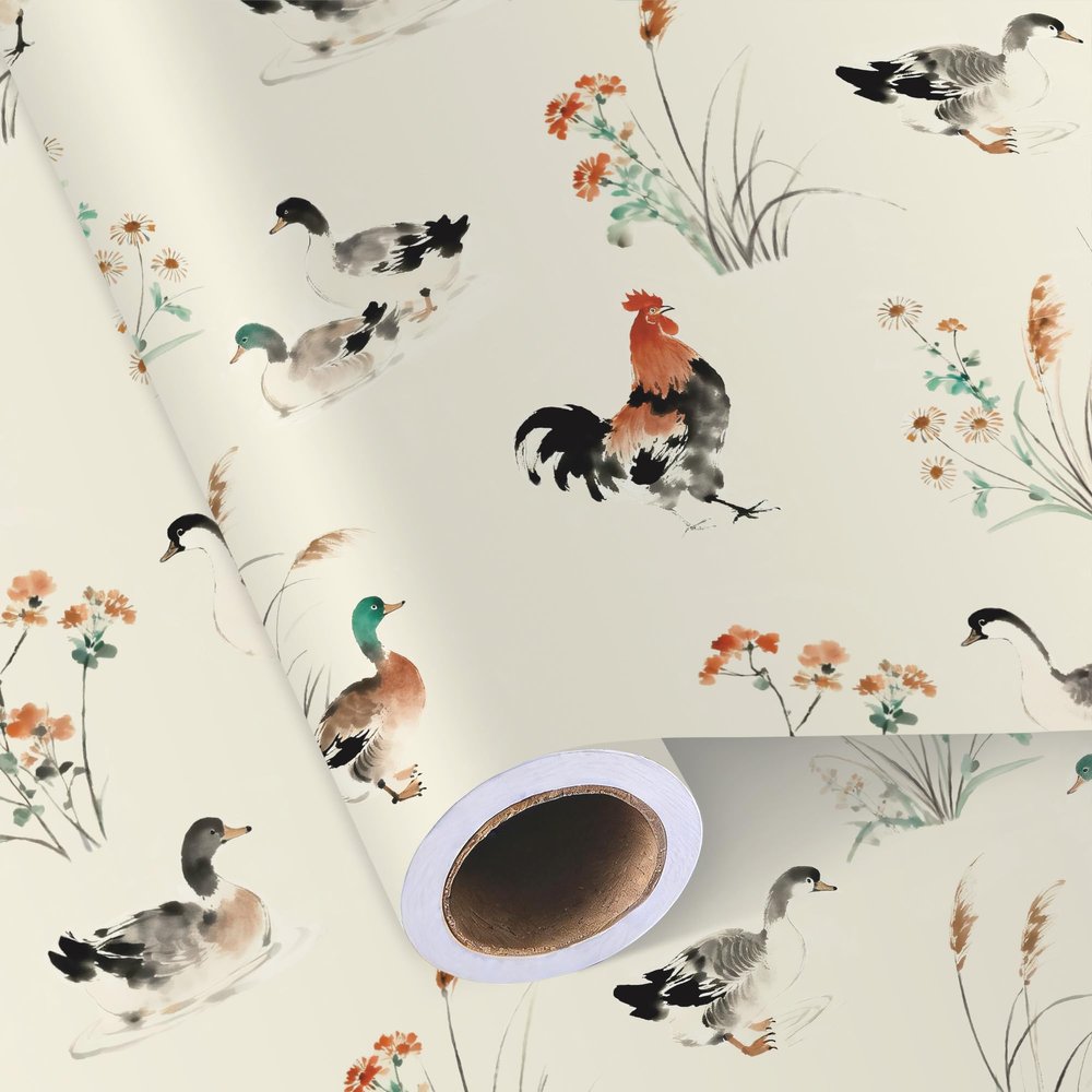 Sikiweiter Ink Painting Farm Animal Wrapping Paper Roll, 17 Inch x 16.5 Feet, Watercolor Duck and Rooster Gift Wrap with Floral Grass Design, Rustic Farmhouse Wrapping Paper for Birthday, Baby Shower, Spring Gifts(Chickens and Ducks)