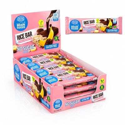 BRAIN FOODS Rice Bar - Gluten Free, Vegan, No Sugar Added, No Palm Oil, .63 oz, 81 Calories, (12, Banana & Dark Chocolate)