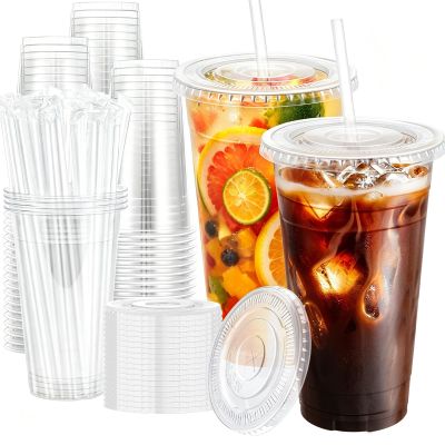 Huifany 100 Pack 24 oz Clear Plastic Iced Coffee Cups with Lids & Straws