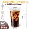 Huifany 100 Pack 24 oz Clear Plastic Iced Coffee Cups with Lids & Straws view 2