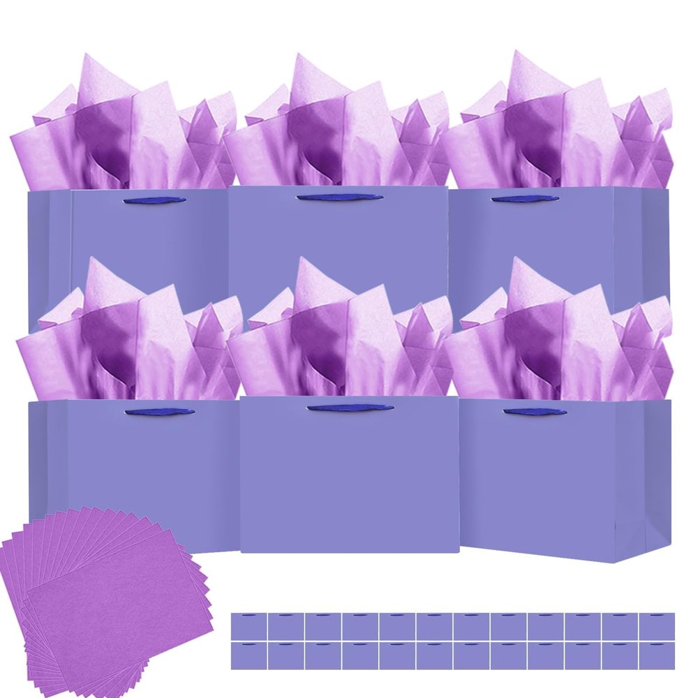 qiqee 24PCS Violet Gift Bags with Ribbon Handles 9.6"x7.9"x4.3" Medium Size Gift Bags (Tissue Paper included, Medium Wide)
