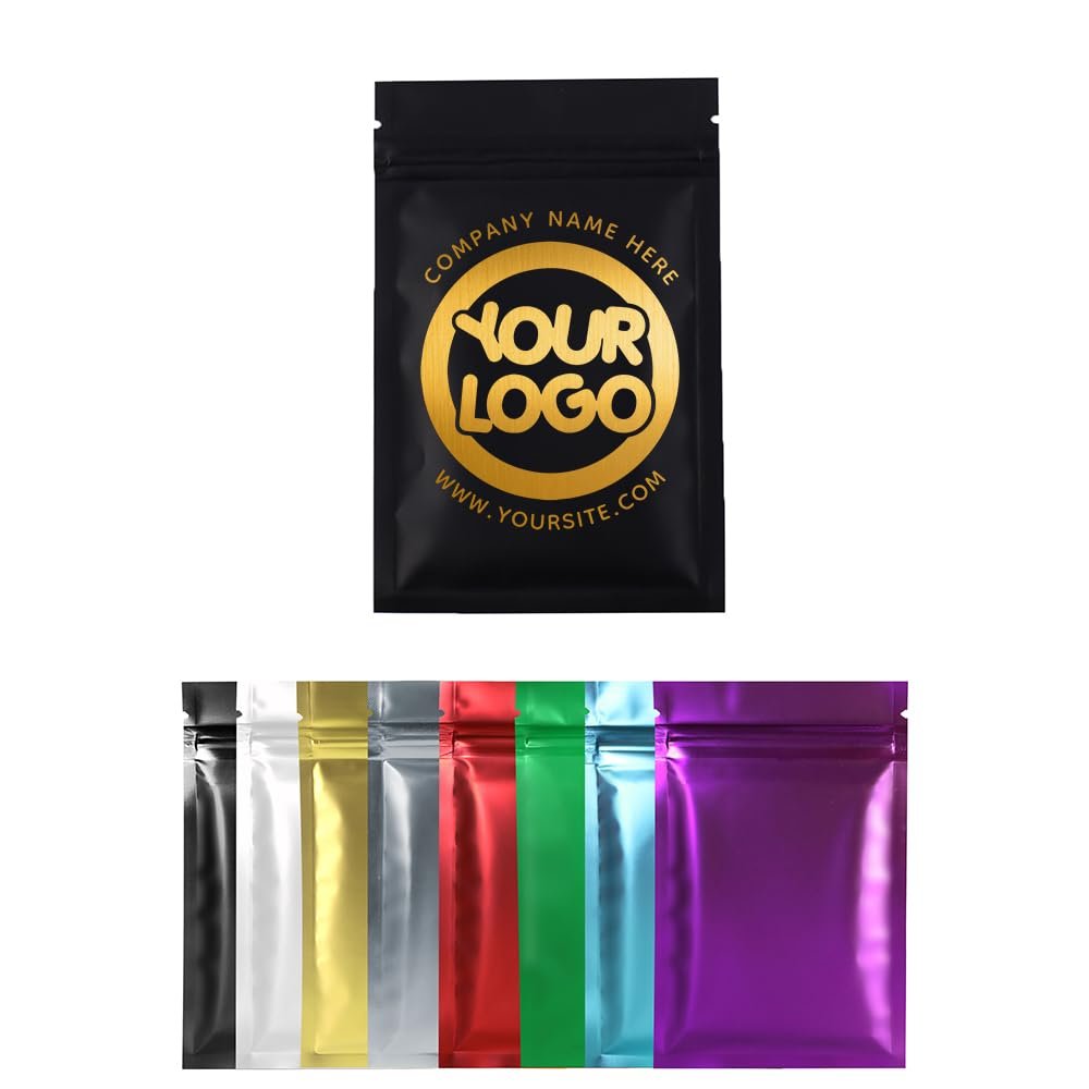 100PCS Customized Black Foil Packaging Bag,Resealable Mylar Pouches for Small Business, Single Color Printing for Logo,QR Code & Design (Black, 8.5 * 13CM/3.4"*5.1"-One Color Print)