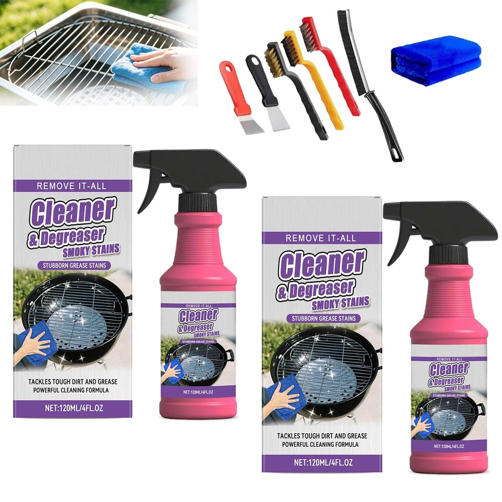 Fast-Acting Heavy-Duty Grill Degreaser Spray, Grease & Burnt Residue Cleaner for BBQ Grates Oven Stovetop Range Hood, Easy-Clean Kitchen Cleaner for Indoor Outdoor Cooking Surfaces (2pcs)