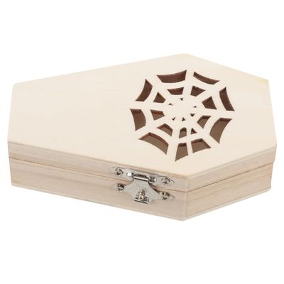 TIDTALEO Halloween Wooden Coffin Candy Box with Lid, Decorative Party Treats Container, Creative Hexagonal DIY Box with Spider Web Design for Halloween Party Supplies