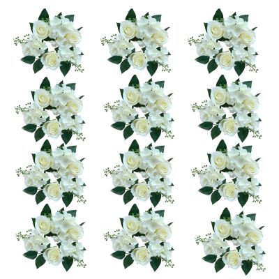 Chewtoyo 12 Pcs Artificial Floral Wreaths, 7.9 in White Wedding Rose Candle Rings for Christmas, Parties, Table Centerpiece Decorations and Home Decor