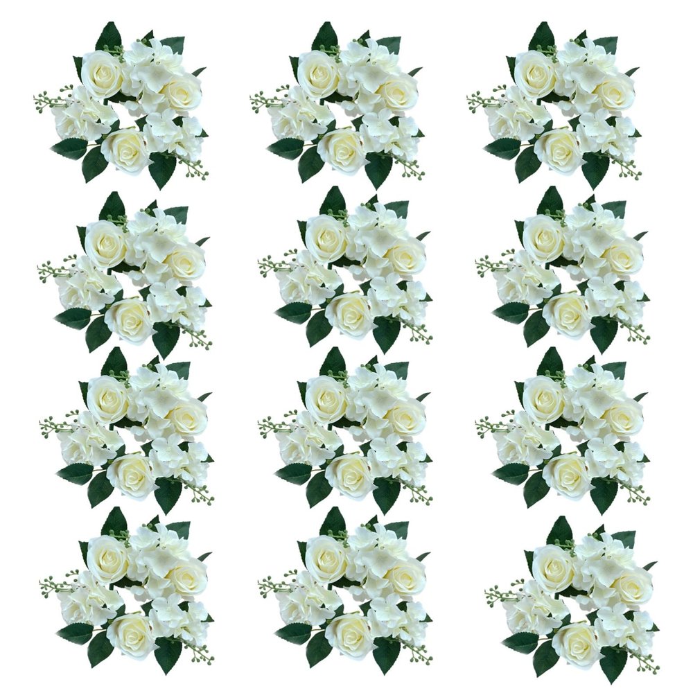 Chewtoyo 12 Pcs Artificial Floral Wreaths, 7.9 in White Wedding Rose Candle Rings for Christmas, Parties, Table Centerpiece Decorations and Home Decor