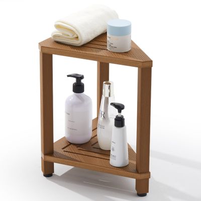 goodleben Corner Shower Stool with Storage Shelf, HDPS Waterproof Shower Foot Rest for Shaving Legs, 2-Tier Triangle Bathroom Stool for Inside Shower, Non-Slip Small Shower Bench, Teak Color