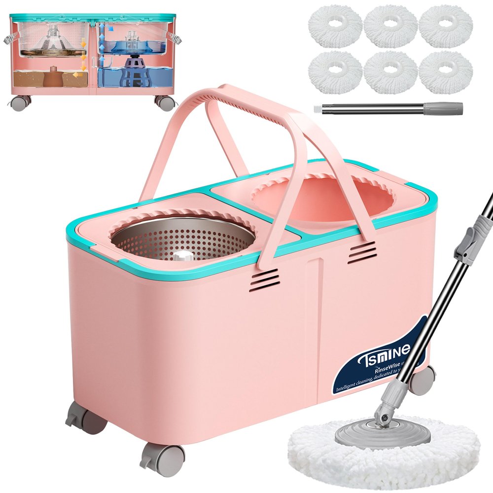 RinseWise Easy-Use Gen 2 Spin Mop and Bucket for Pet & Family Homes, Shower-Style Rinse, Clean & Dirty Water Separation, 1.5 Gal Clean Water Capacity, 4 Swivel Wheels, 61" Handle, 6 Mop Heads - Pink
