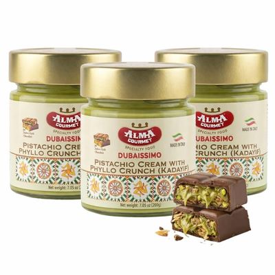 Alma Gourmet Dubaissimo Pistachio Cream with Kadayif 7.05oz (200g) - Original Dubai Chocolate Filling, Pistachio Paste to Spread, Authentic Premium Dessert with Kadayif Crunch - Product of Italy (Pack of 3)