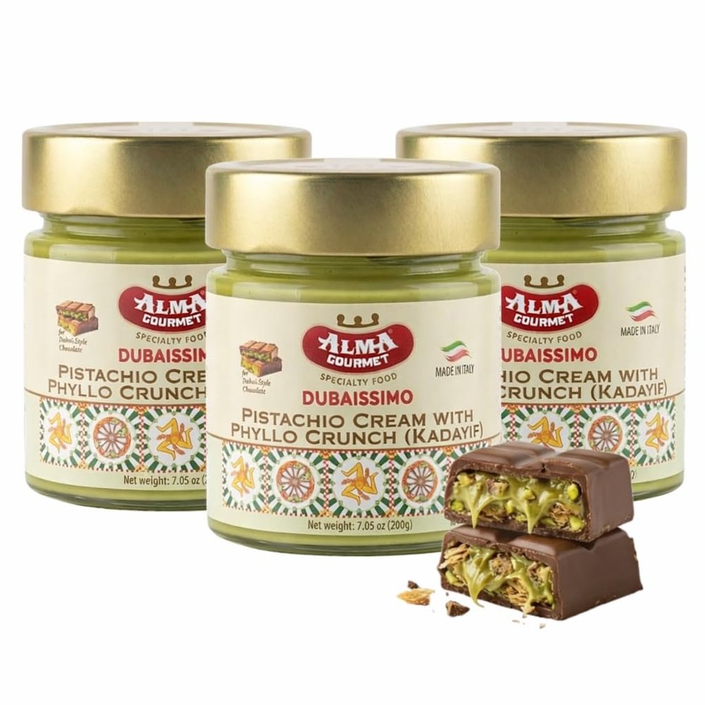 Alma Gourmet Dubaissimo Pistachio Cream with Kadayif 7.05oz (200g) - Original Dubai Chocolate Filling, Pistachio Paste to Spread, Authentic Premium Dessert with Kadayif Crunch - Product of Italy (Pack of 3)