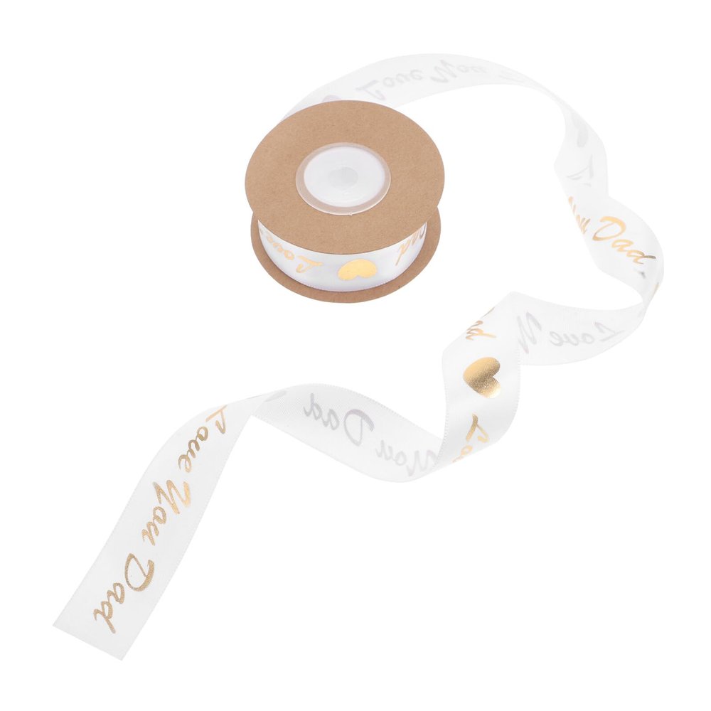 PAMINGONO Fathers Day Black Floral Wrapping Ribbon with Gold Foil Lettering, 10 Yards White Love Satin Ribbon for Cake Decoration, Bouquet, and Present Packaging