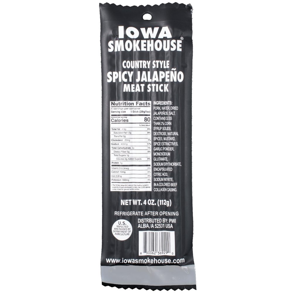 IOWA SMOKEHOUSE Meat Sticks, Country Style Spicy Jalapeno - Delicious Meat Snack - 4 Vacuum Sealed & Ready to Eat Sticks - 7g of Protein, Made with USA Pork - 4 Oz (4 per pack)