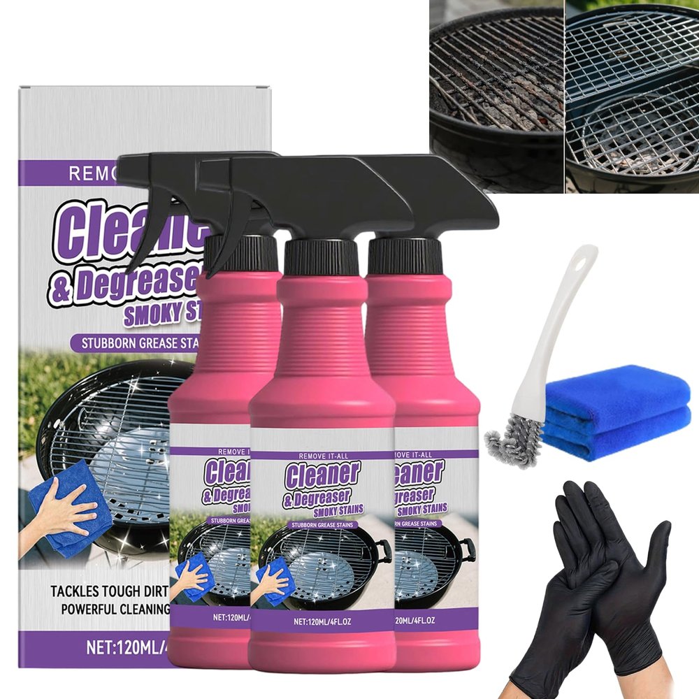 Fast-Acting Heavy-Duty Grill Degreaser Spray, 120ml BBQ Grill and Grate Cleaner Spray with Gloves, All Purpose Oven Degreaser Cleaner for Barbecue Grills, Smoky Stains and Stubborn Grease (3PCS)