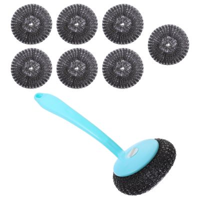 HOMOCONO Steel Wire Ball Dish Cleaning Brush Set 8pcs with Long Handle Stainless Steel Kitchen Pan Scrubber for Pot and Dish Cleaning Heavy-Duty