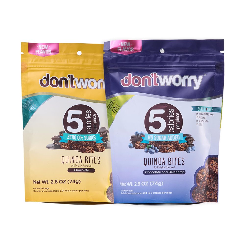 Don't Worry Quinoa Organic Bites | Chocolate & Blueberry Flavor | Sugar Free Candy 5 Calories Per Piece | Keto, Gluten Free, Low Carb, Protein & Fiber Cookies | Healthy Snacks For Adults | 2 Pack