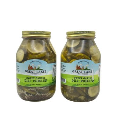 Great Lakes Preserves Sweet Garlic Dill Pickles, Crunchy Dill Pickle Chips with Real Garlic, Gluten Free Small Batch Sandwich Pickles for Burgers and Charcuterie, No Preservatives, Ohio Made, 32 fl.oz. Jar (Pack of 4)
