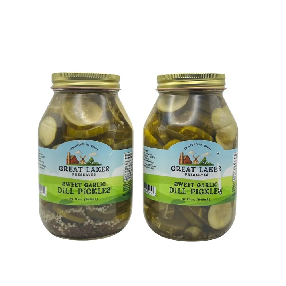 Great Lakes Preserves Sweet Garlic Dill Pickles, Crunchy Dill Pickle Chips with Real Garlic, Gluten Free Small Batch Sandwich Pickles for Burgers and Charcuterie, No Preservatives, Ohio Made, 32 fl.oz. Jar (Pack of 4)