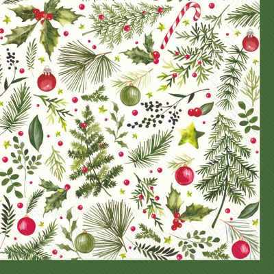 IHR Ideal Home Range Cocktail Napkins Disposable 3-Ply Paper Party Supplies, 5" x 5", Christmas Branches Allover (Light Green), 20-Count