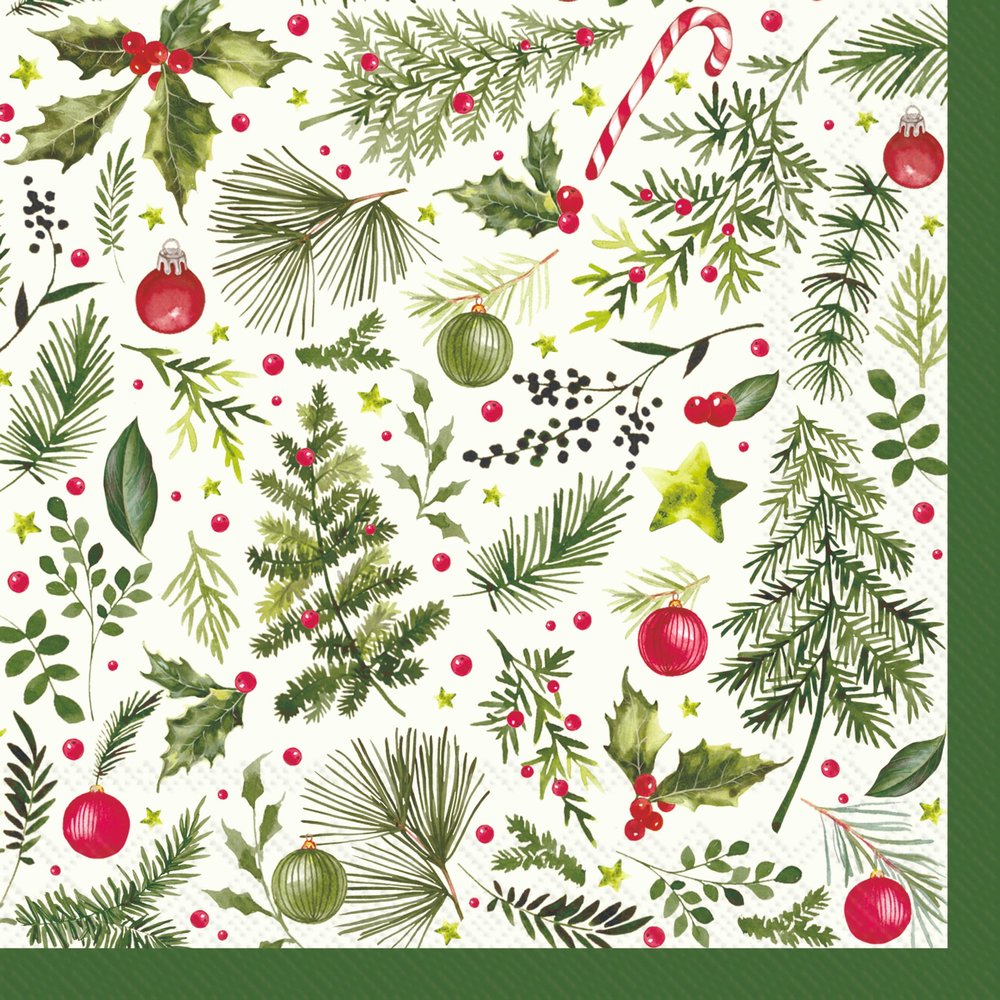 IHR Ideal Home Range Cocktail Napkins Disposable 3-Ply Paper Party Supplies, 5" x 5", Christmas Branches Allover (Light Green), 20-Count