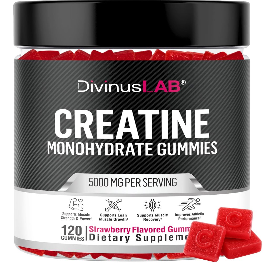DivinusLab Creatine Monohydrate Gummies 5g (5000mg) for Men & Women, Pre Workout Chews for Energy Boost, Creatine for Building Muscle and Strength, Non-Melting, Vegan, Non-GMO, 120 Count (Strawberry)