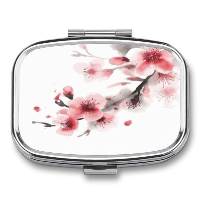 Asian Watercolor Pink Cherry Florals Pill Box 2 Compartment Decorative Metal Pill Case for Pocket Or Purse Travel Portable Medicine Box Pill Container Organizer for Vitamins Fish Oils Supplements
