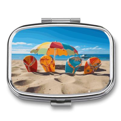 Colorful Flip Flops Beach Ball Pill Box 2 Compartment Decorative Metal Pill Case for Pocket Or Purse Travel Portable Medicine Box Pill Container Organizer for Vitamins Fish Oils Supplements