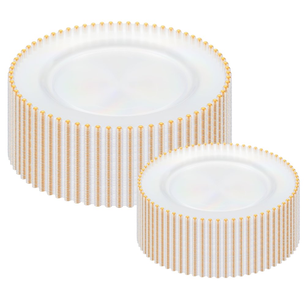 ISFANGCO 80PCS Clear Plastic Plates with Gold Rim, Clear and Gold Disposable Plates, Heavy Duty Party Plate for Wedding, 40 Dinner and 40 Dessert Plate, Beaded Disposable Plate