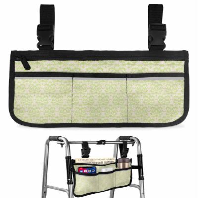 Green Boho Wheelchair Side Bag Walk Bag Basket, Vintage Abstract European Floral Pattern Wheelchair Accessories Armrest Pouch, Organizer Storage Bags for Walkers, Rollators, Scooters, 7.3"x13"