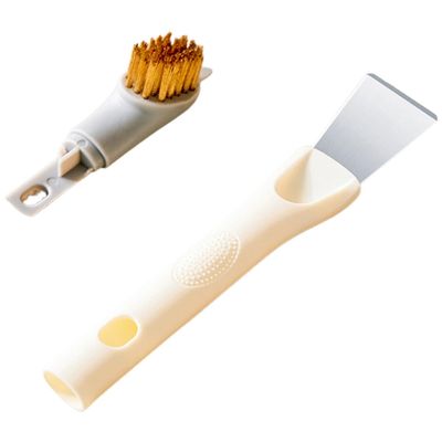 Zerodeko 3-in-1 Cooktop Scraper and Hard Bristle Brush, Multi-Function Kitchen Stove Cleaner for Small Spaces, Household Pot and Wok Cleaning Tool, Beige