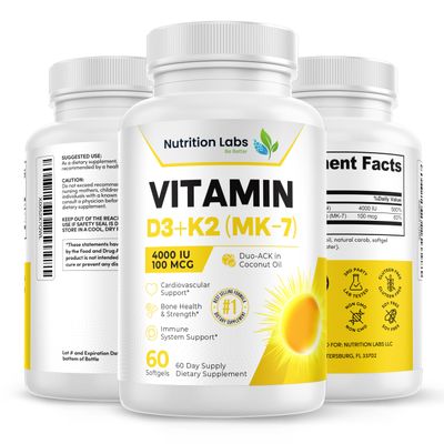 NUTRITION LABS BE BETTER Vitamin D3 K2 4000 IU 100 mcg | Vitamin D3 with K2 MK-7 & Coconut Oil | Bone Health, Cardiovascular & Immune Support | 60 Softgels | Non-GMO