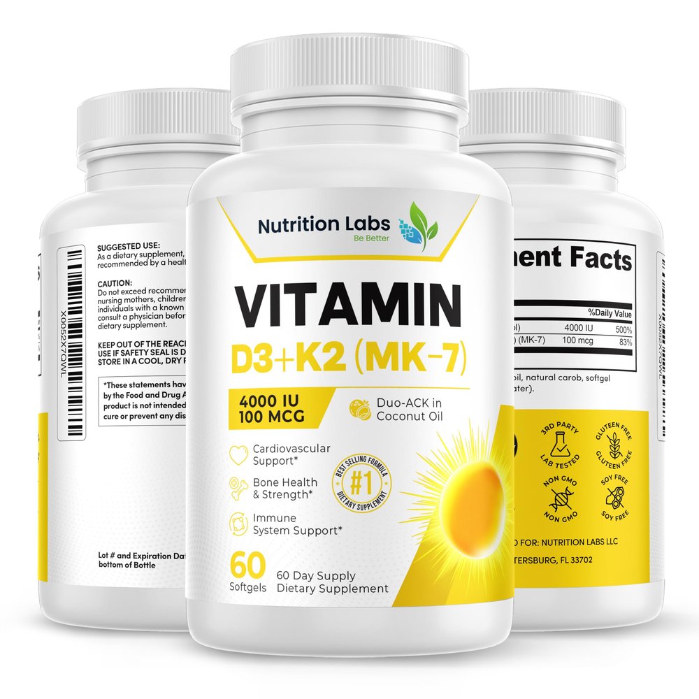 NUTRITION LABS BE BETTER Vitamin D3 K2 4000 IU 100 mcg | Vitamin D3 with K2 MK-7 & Coconut Oil | Bone Health, Cardiovascular & Immune Support | 60 Softgels | Non-GMO