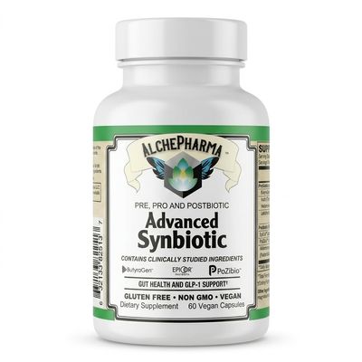 AlchePharma Advanced Synbiotic - Pre, Pro & Postbiotic Blend with Akkermansia, EpiCor, ButyraGen & PoZibio - Holistic Gut Support - Vegan, Non-GMO