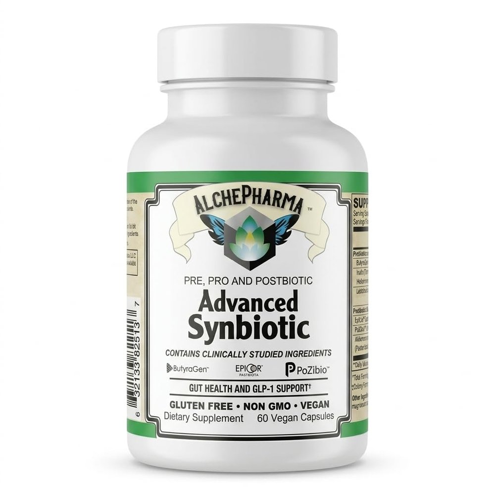 AlchePharma Advanced Synbiotic - Pre, Pro & Postbiotic Blend with Akkermansia, EpiCor, ButyraGen & PoZibio - Holistic Gut Support - Vegan, Non-GMO