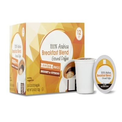 100% Arabica Breakfast Blend Medium Roast Ground Coffee Pods, 12 Count.