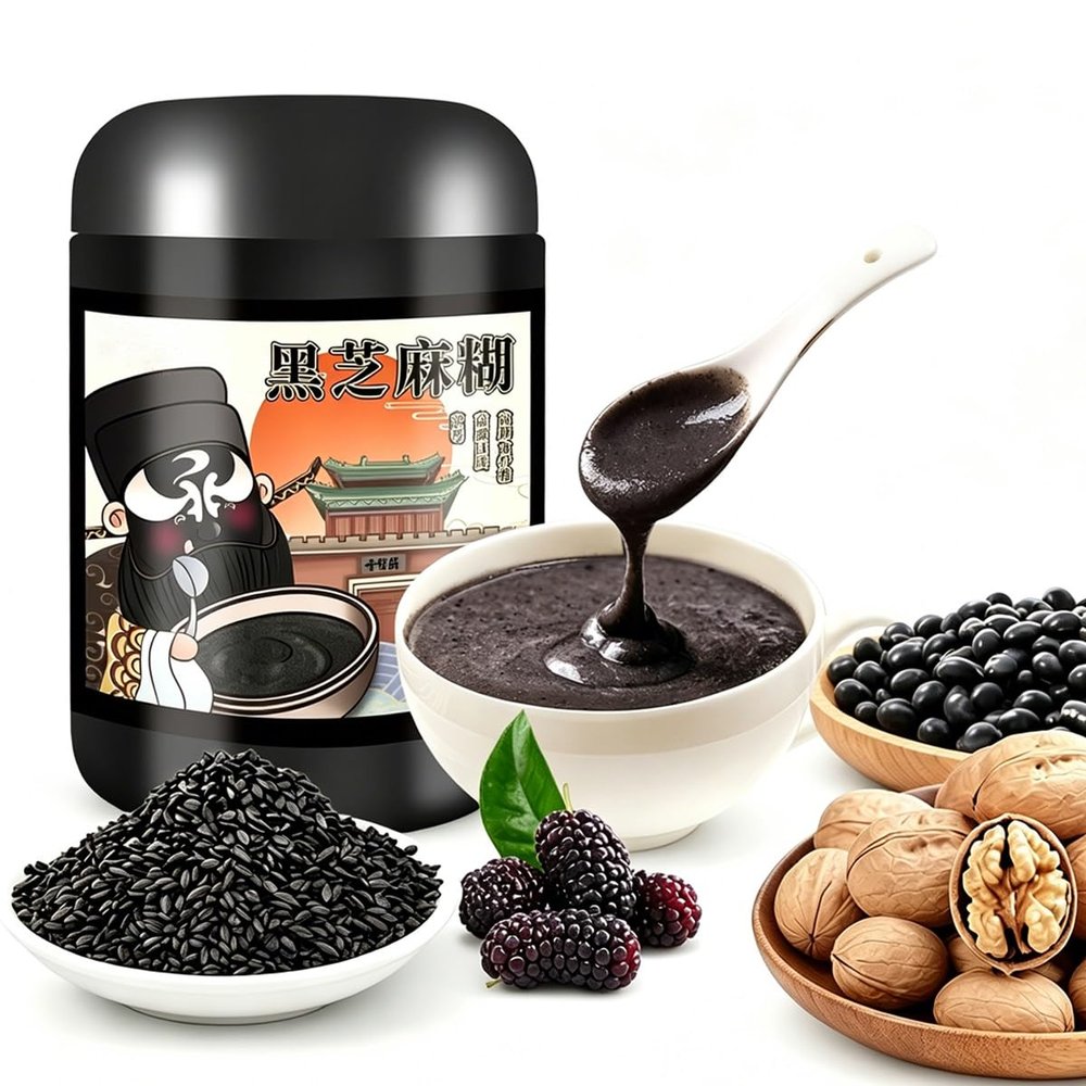 Black Sesame Paste Instant Meal 500g Jar, 7 Ingredients, Ready With Hot Water, For Snacks, Students, Workers, Fitness And Gifting
