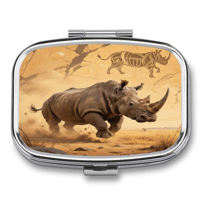 Rhino Pill Box 2 Compartment Decorative Metal Pill Case for Pocket Or Purse Travel Portable Medicine Box Pill Container Organizer for Vitamins Fish Oils Supplements