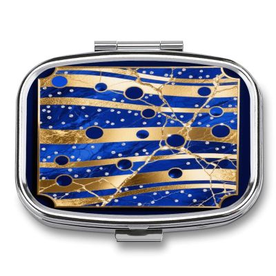 Golden Blue Marble Pill Box 2 Compartment Decorative Metal Pill Case for Pocket Or Purse Travel Portable Medicine Box Pill Container Organizer for Vitamins Fish Oils Supplements