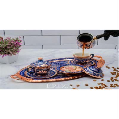 SODEF Turkish Coffee Cup Set for 2, Embossed Copper Coffee Set with Tray, Turkish Delight Bowl, and 2 Porcelain Cups, Blue - Blue