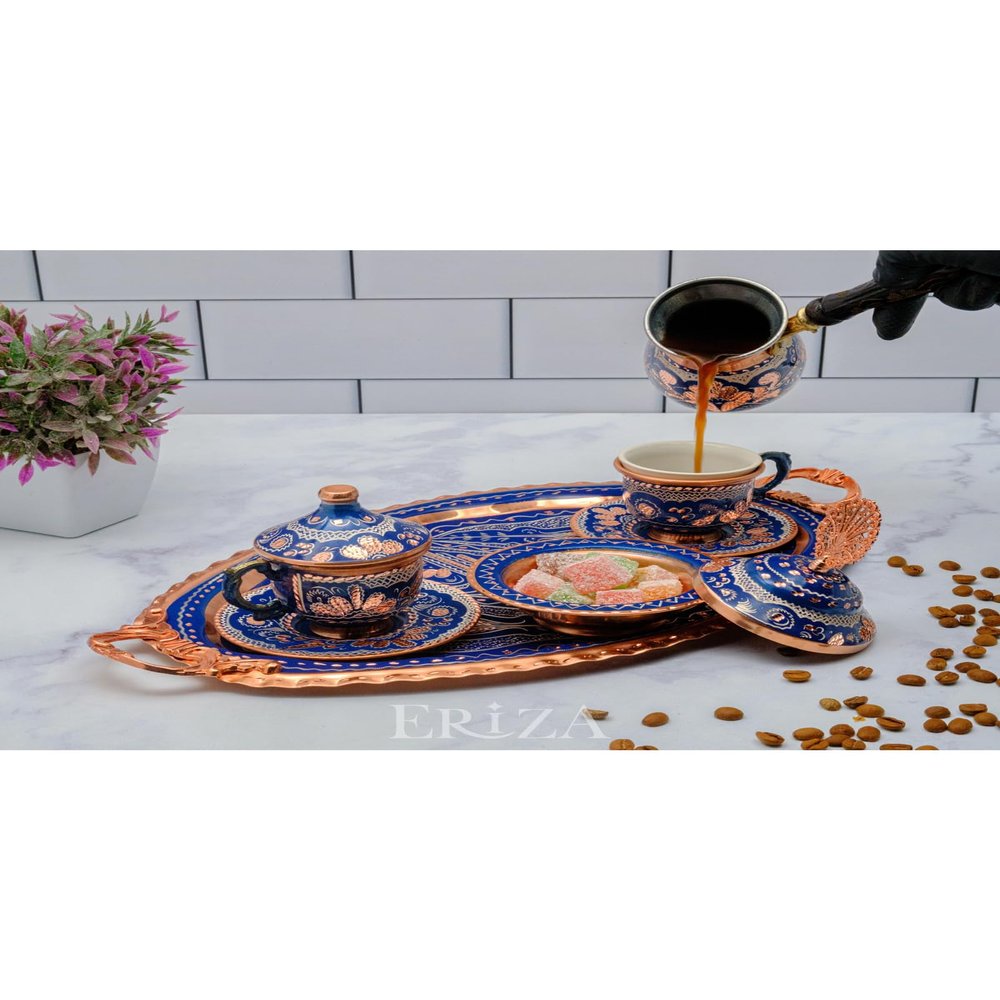 SODEF Turkish Coffee Cup Set for 2, Embossed Copper Coffee Set with Tray, Turkish Delight Bowl, and 2 Porcelain Cups, Blue - Blue