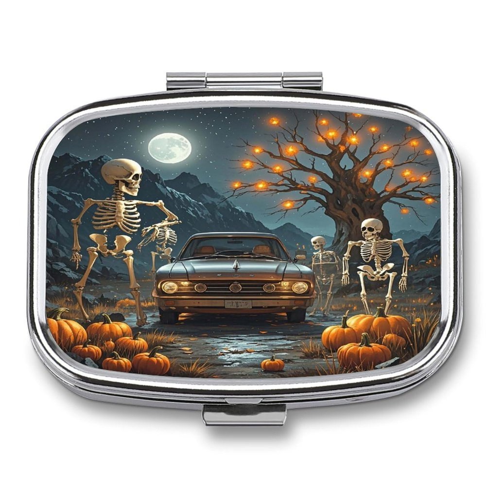 Pumpkin Tree and Car Pill Box 2 Compartment Decorative Metal Pill Case for Pocket Or Purse Travel Portable Medicine Box Pill Container Organizer for Vitamins Fish Oils Supplements