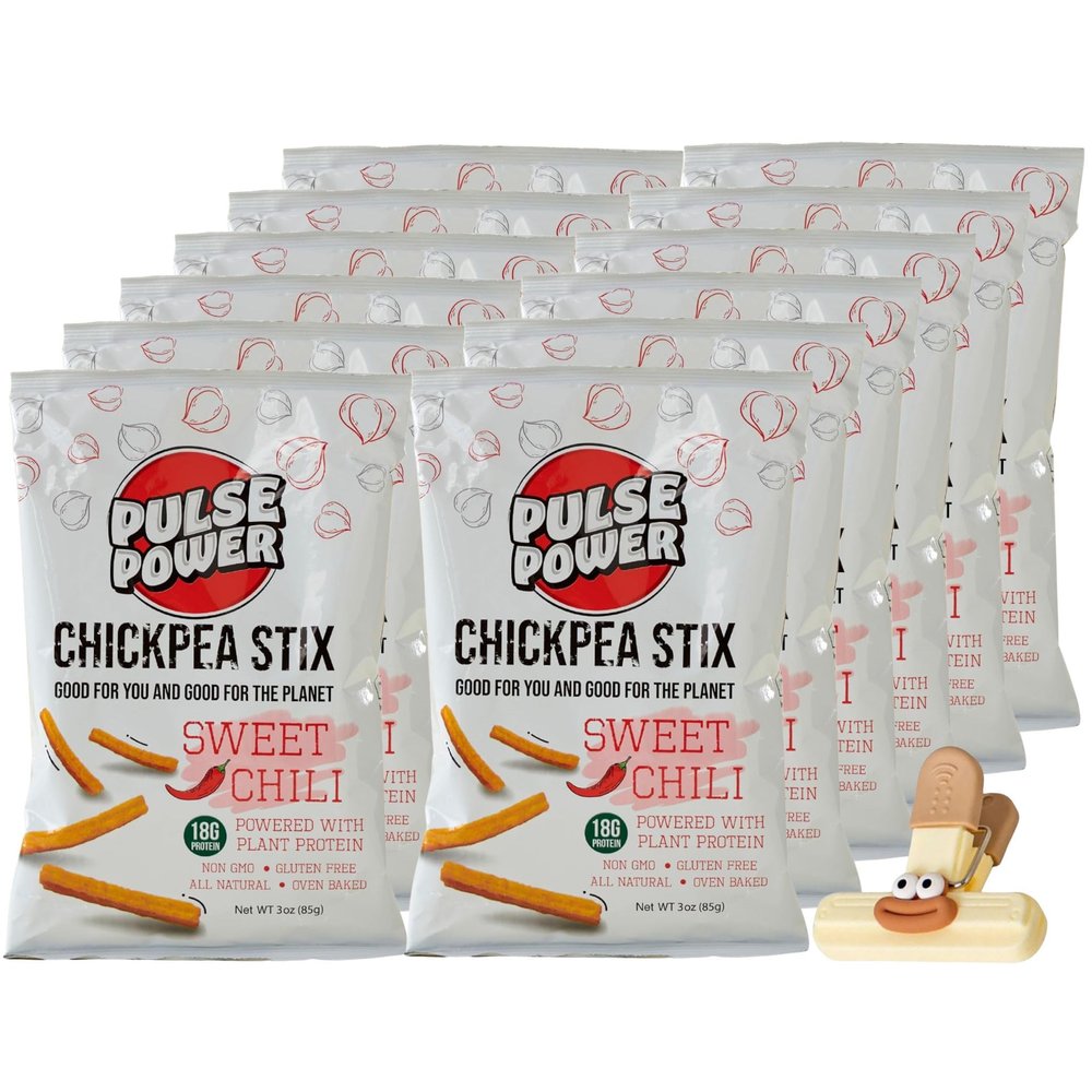 Pulse Power Chickpea Sweet Chili 3 oz Bags Chckpea Snacks and Chckpea Chips Vegan Protein Chips from Pulses and Chickpeas 12 Count Snack Pack with bag clips
