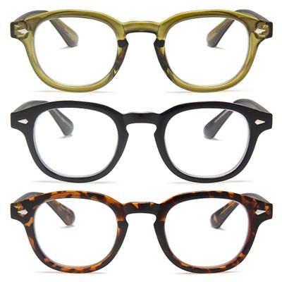 2SeeLife 3-Pack Retro Round Reading Glasses for Men & Women Narrow-Medium Fit, Premium Readers Spring Hinges, Solid & Sturdy, Olive Green, Black, Brown Tortoise, +2.25