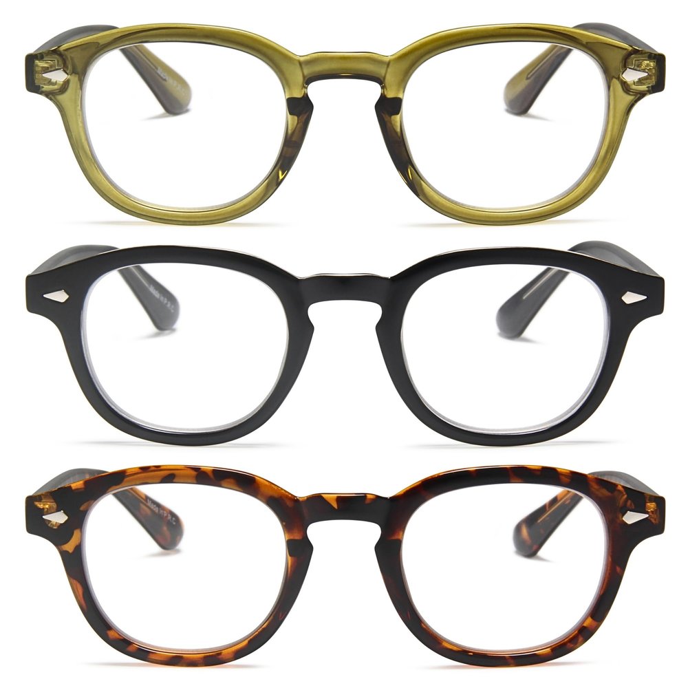 2SeeLife 3-Pack Retro Round Reading Glasses for Men & Women Narrow-Medium Fit, Premium Readers Spring Hinges, Solid & Sturdy, Olive Green, Black, Brown Tortoise, +2.25