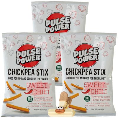 Pulse Power Chickpea Sweet Chili 3 oz Bags Chckpea Snacks and Chckpea Chips Vegan Protein Chips from Pulses and Chickpeas 3 Count Snack Pack with bag clips